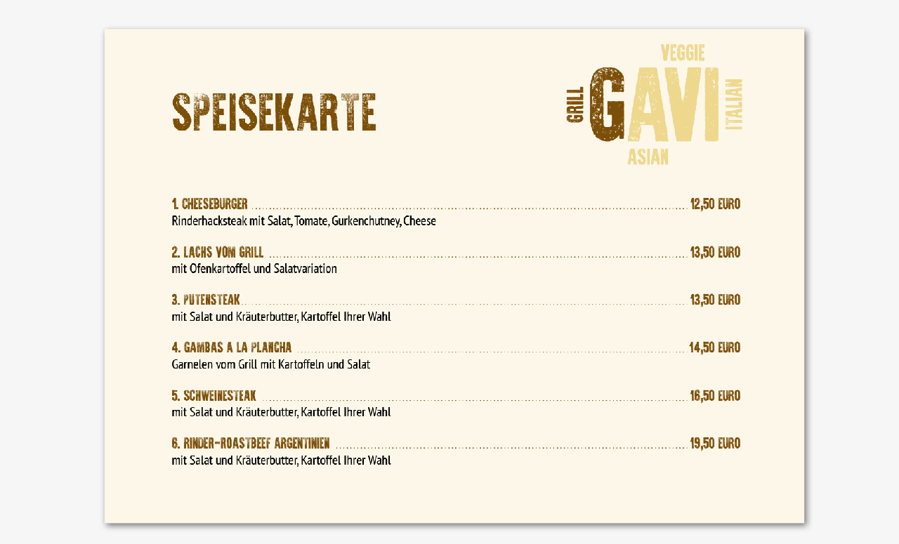 Branding für Restaurant GAVI: Speisekarte